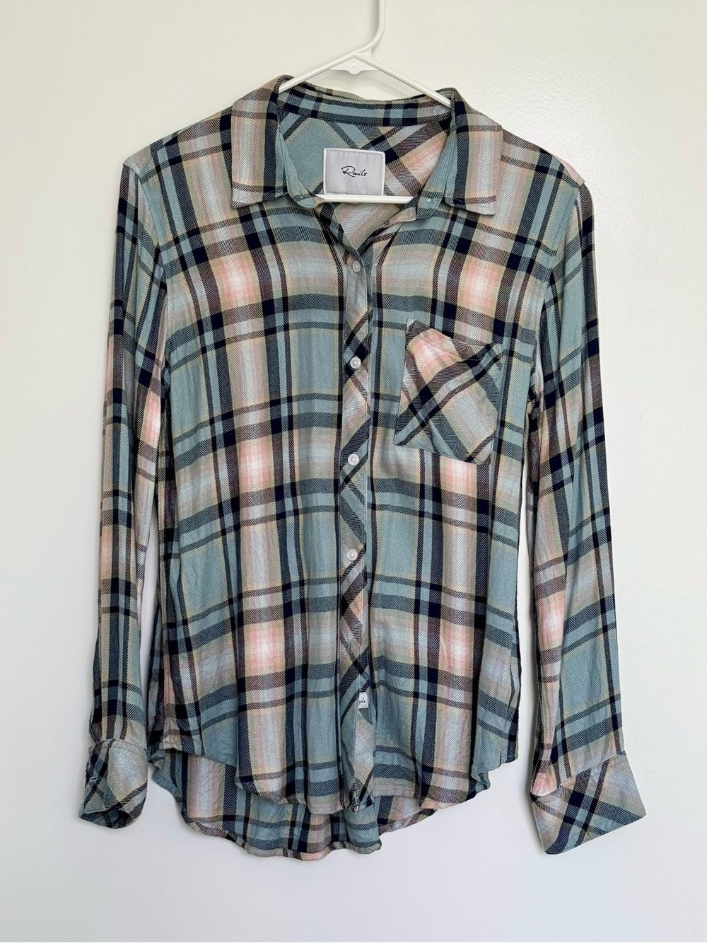 Rails Hunter Button Down shirt in Teal Peach Navy, size S